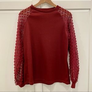 Miholl Burgundy Puff Sleeve Textured Weave Top